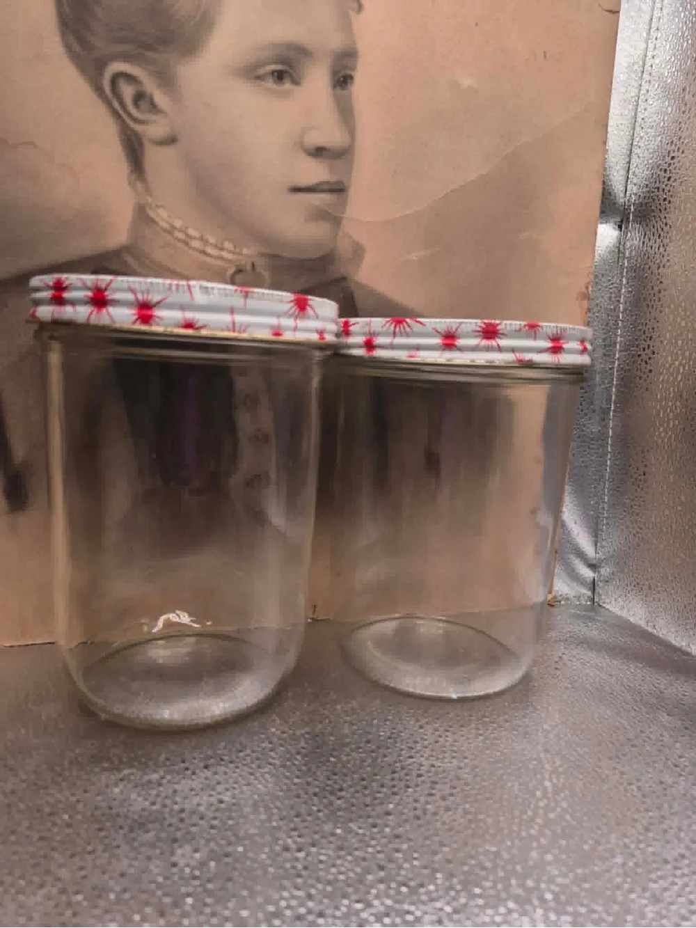 Retro Vintage Canning Jar Set - 2 MCM BALL Jars with Red Atomic Starburst Lids
